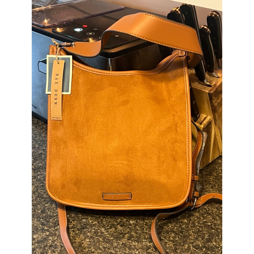 NWT Rae Dunn Rene Large Crossbody Caramel Grained Bag - Picture 2 of 11